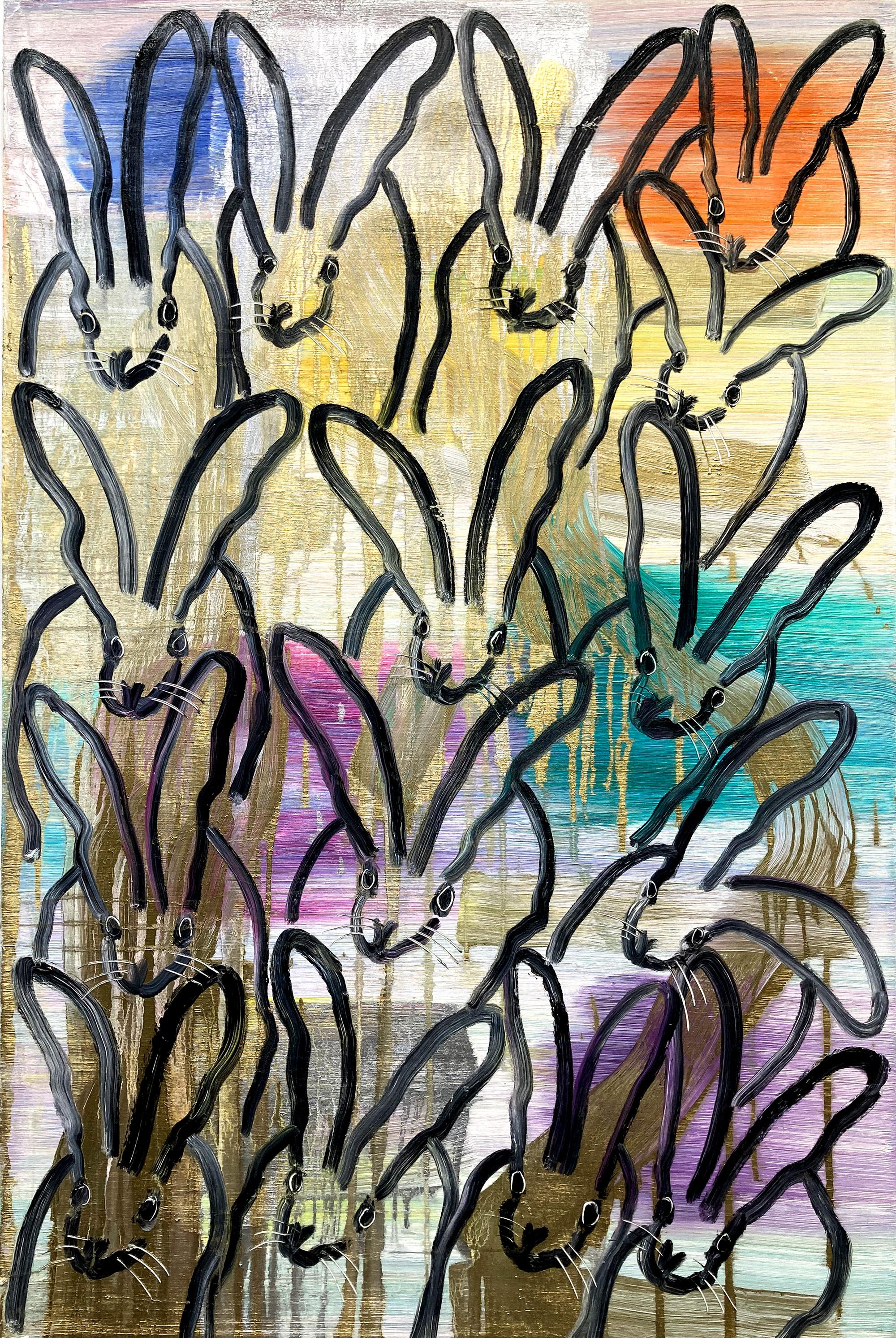 "Chinensis Today" Black Bunnies on Multicolored Background with Gold & Silver