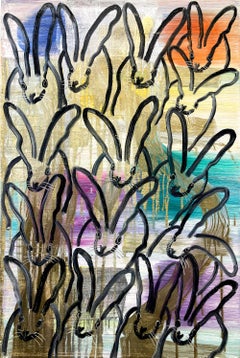 "Chinensis Today" Schwarze Hasen auf mehrfarbigem Hintergrund mit Gold und Silber