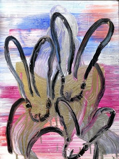 "Chinensis Weds" Black Bunnies on Gold Silver Multicolor Background Oil on Wood