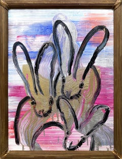 "Chinensis Weds" Black Bunnies on Gold Silver Multicolor Background Oil on Wood