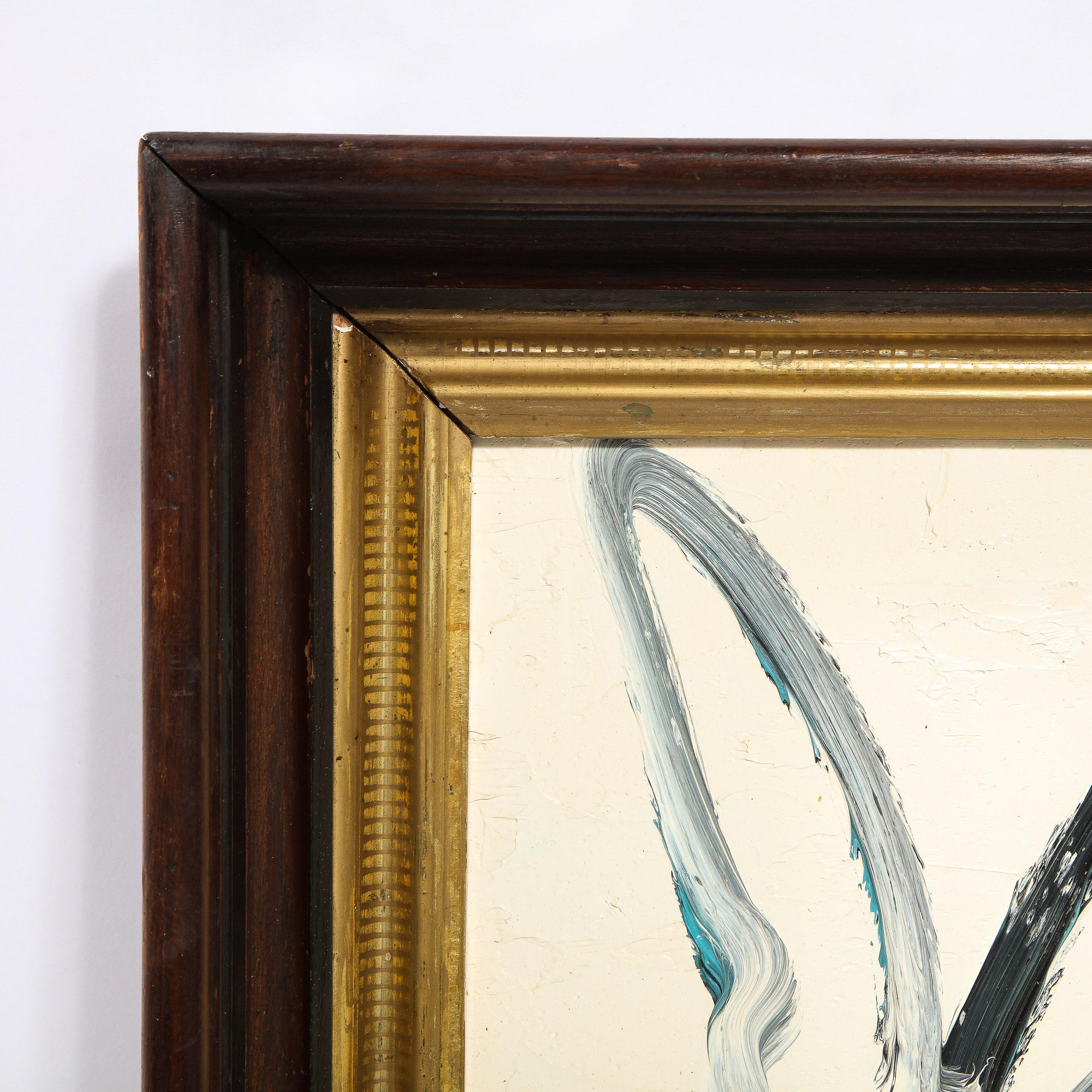 Questo quadro stravagante e sofisticato è stato realizzato dallo stimato pittore contemporaneo Hunt Slonem nel 2014. Presenta un coniglio stilizzato di profilo, reso con pennellate sciolte ed espressive in bianco e nero. Audace, grafico e
