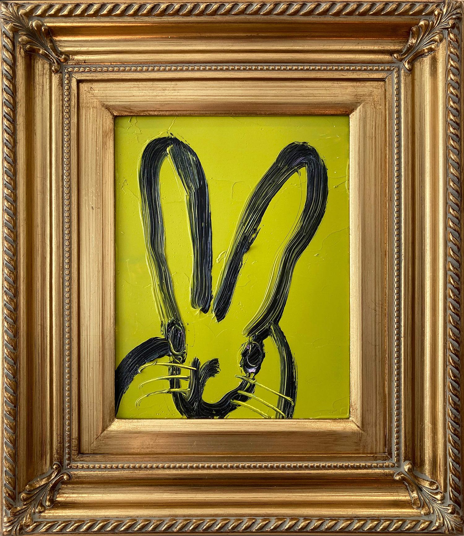 Hunt Slonem Abstract Painting - "Citron" Black Bunny on Green Background Oil Painting on Wood Panel Framed
