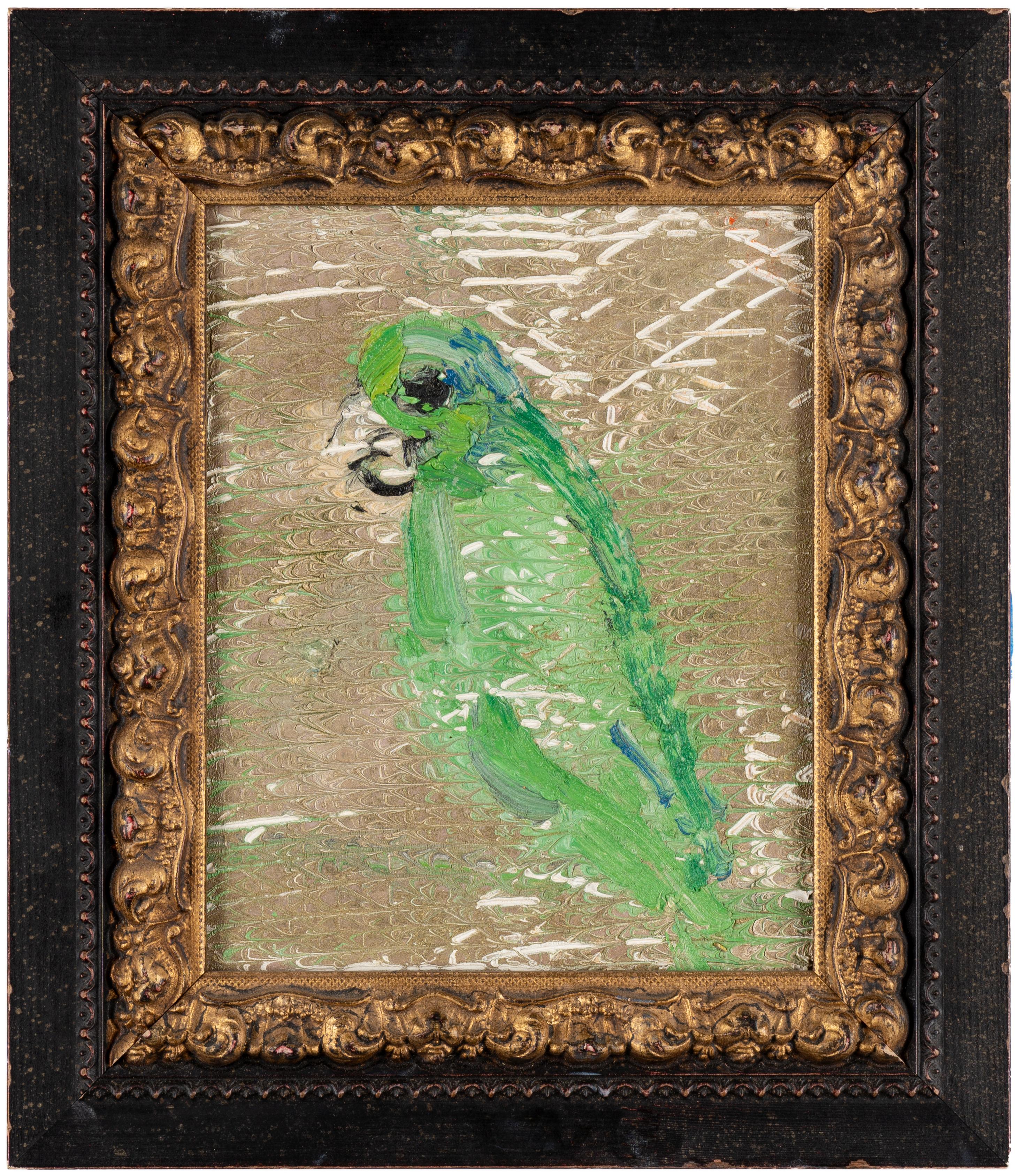 Hunt Slonem "Untitled" Green Amazon Bird on Gold
A painted Green Amazon Bird on a Gold scored metallic background in Hunt Slonem's old style in an antique frame.

Unframed: 10 x 8 inches
Framed: 14.5 x 12.6 inches
*Painting is framed - Please note