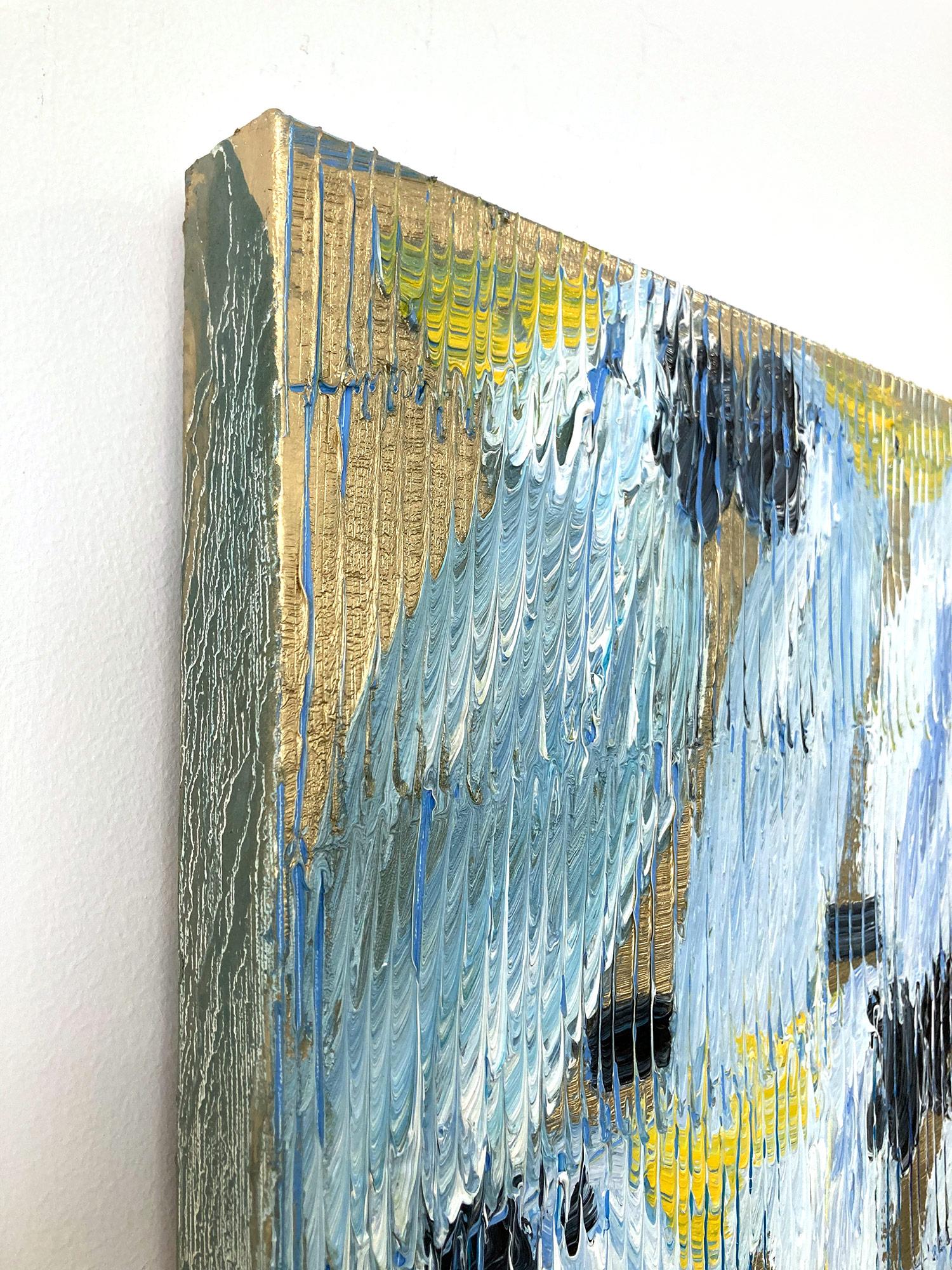„Cockatoo Whisper Divine“ Weißer und blauer Cockatoos mit goldenem Hintergrund auf Leinwand im Angebot 8