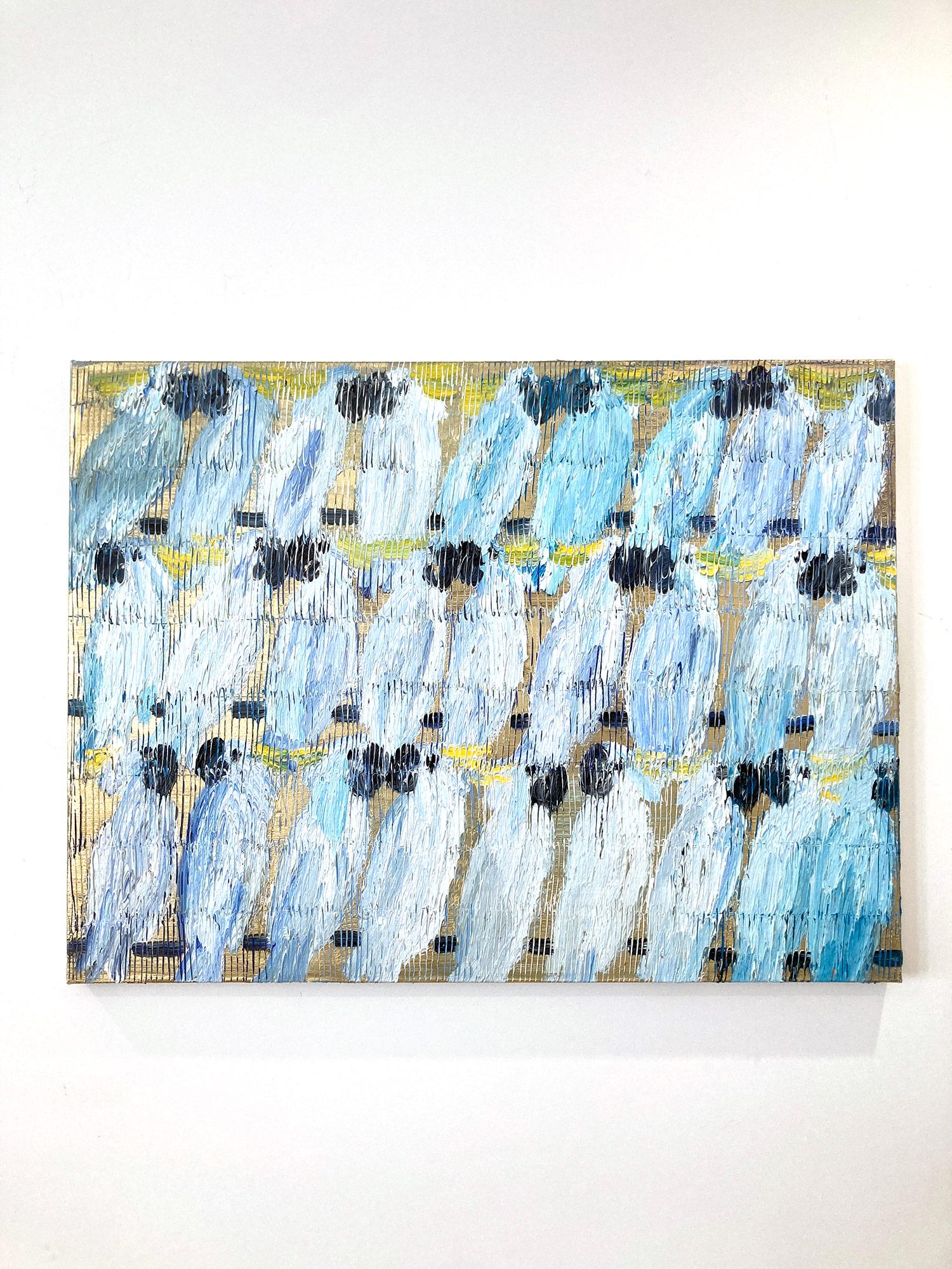 „Cockatoo Whisper Divine“ Weißer und blauer Cockatoos mit goldenem Hintergrund auf Leinwand im Angebot 12
