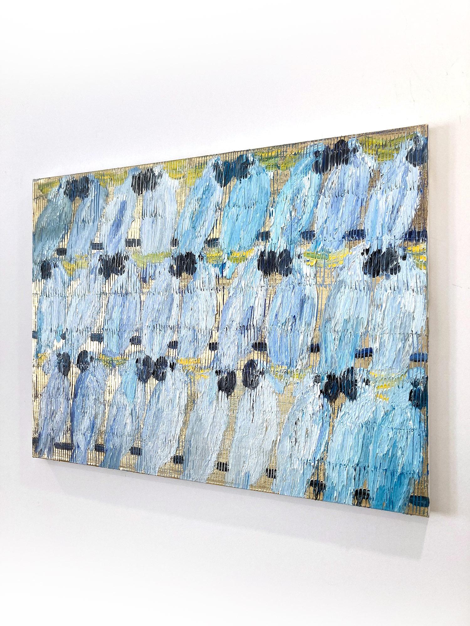 „Cockatoo Whisper Divine“ Weißer und blauer Cockatoos mit goldenem Hintergrund auf Leinwand im Angebot 14