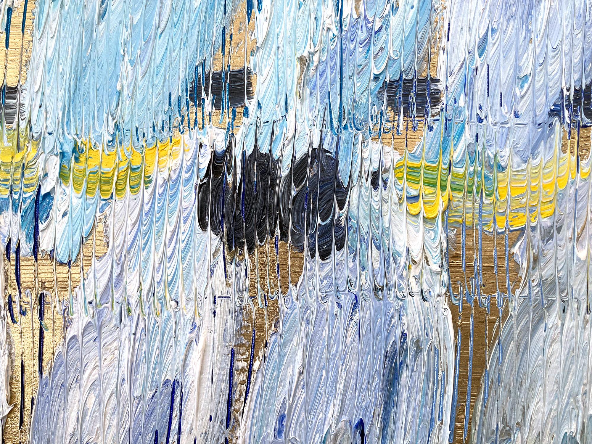 „Cockatoo Whisper Divine“ Weißer und blauer Cockatoos mit goldenem Hintergrund auf Leinwand im Angebot 2