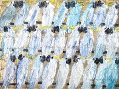 "Cacatúa Susurro Divino" Cacatúas blancas y azules con fondo dorado sobre lienzo