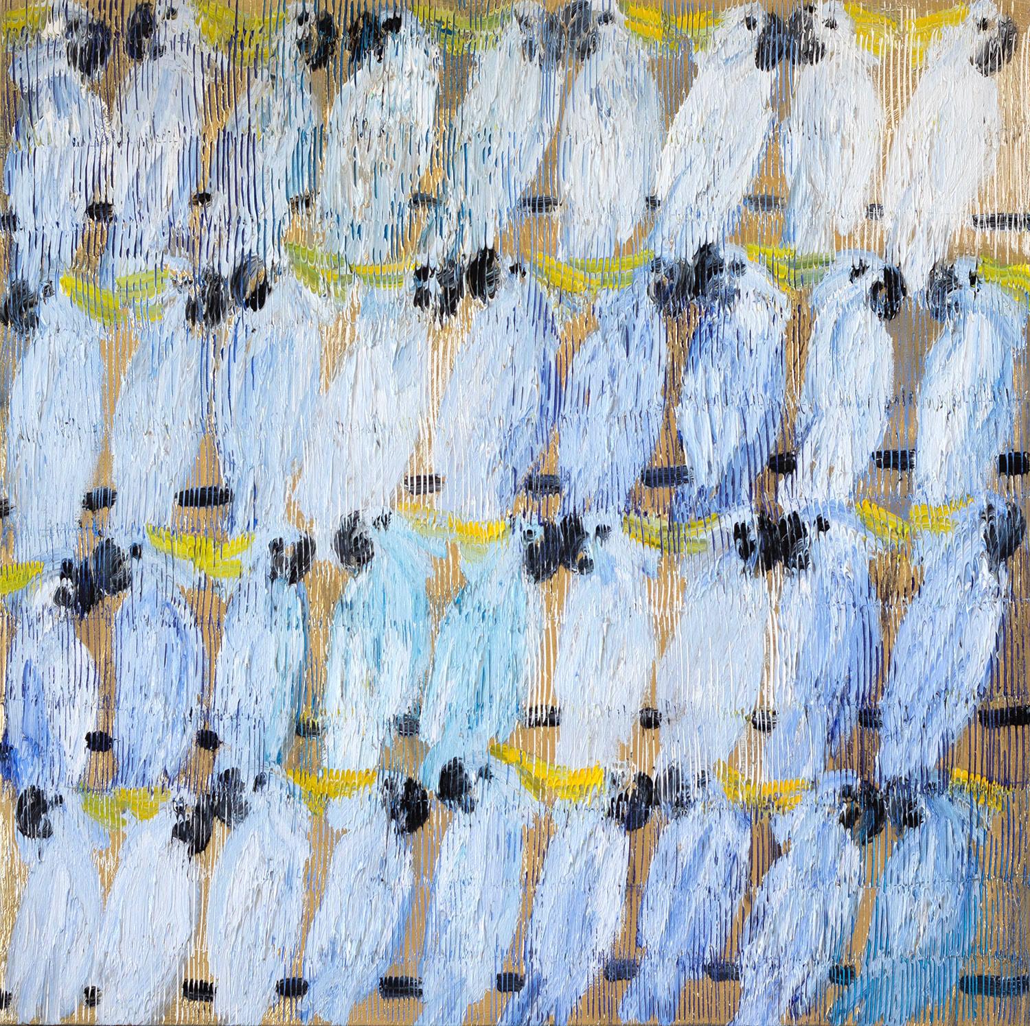 „Cockatoo Whisper“ Weißer und blauer Cockatoos mit goldenem Hintergrund auf Leinwand – Painting von Hunt Slonem