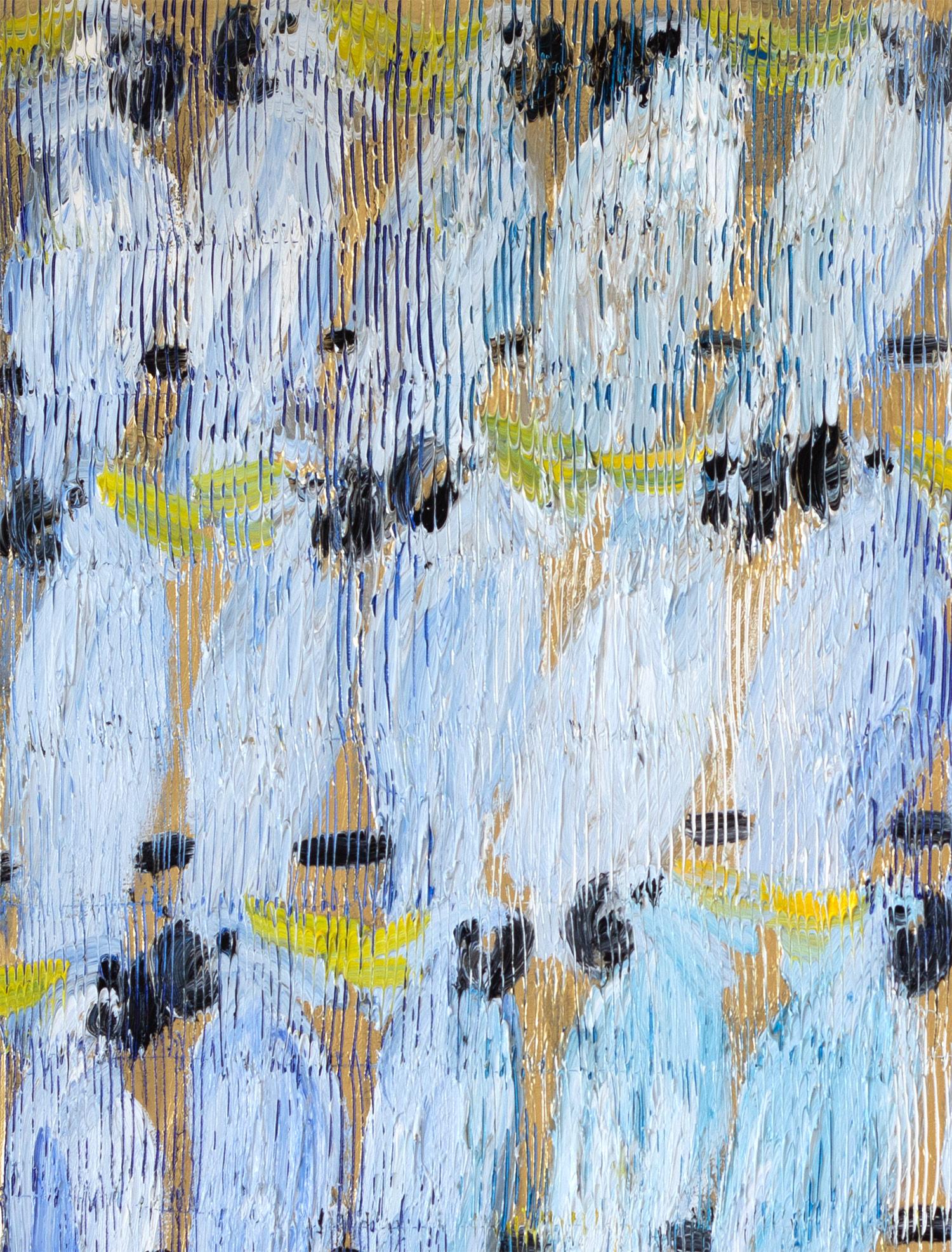 „Cockatoo Whisper“ Weißer und blauer Cockatoos mit goldenem Hintergrund auf Leinwand (Neue Wilde), Painting, von Hunt Slonem