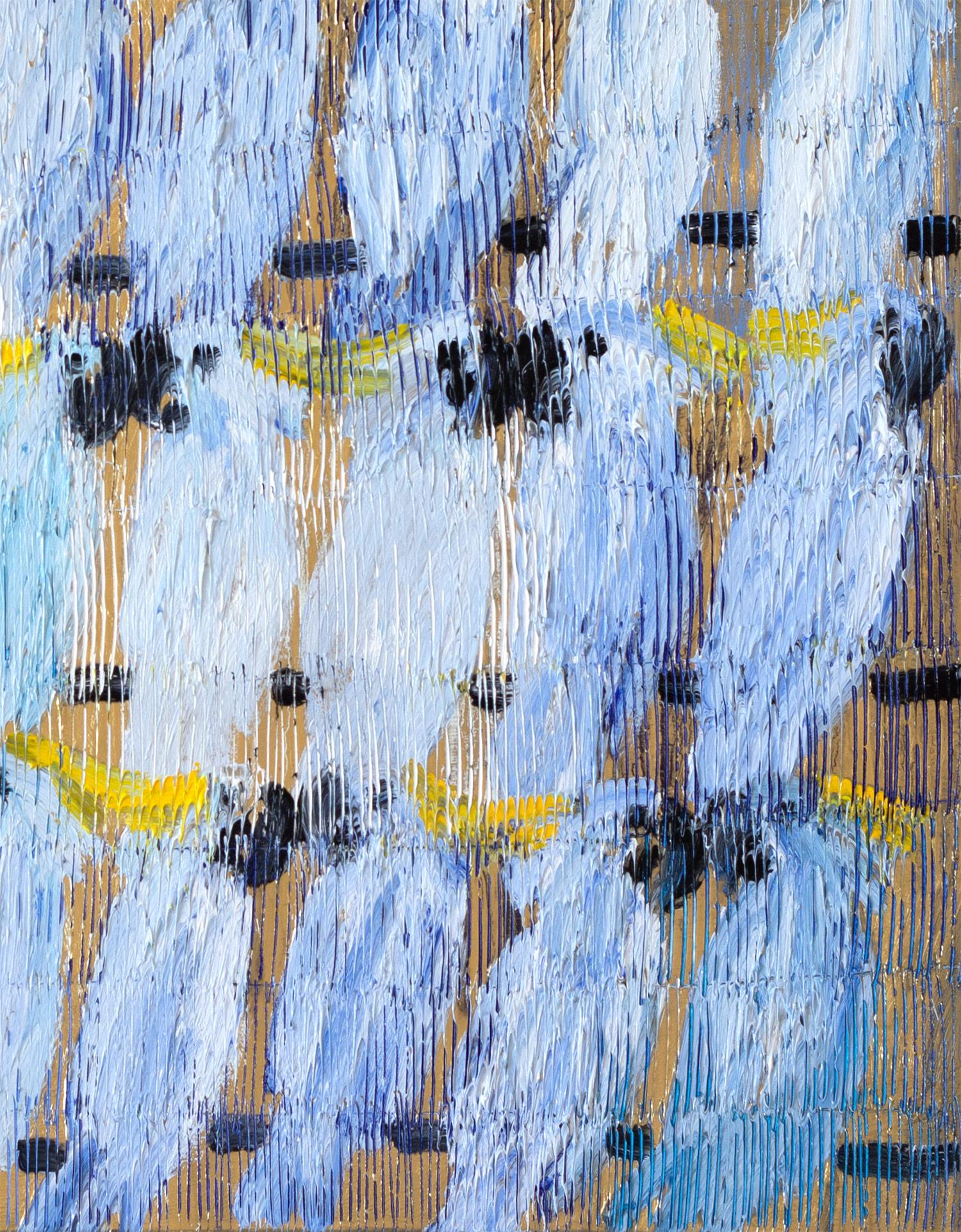 „Cockatoo Whisper“ Weißer und blauer Cockatoos mit goldenem Hintergrund auf Leinwand im Angebot 2