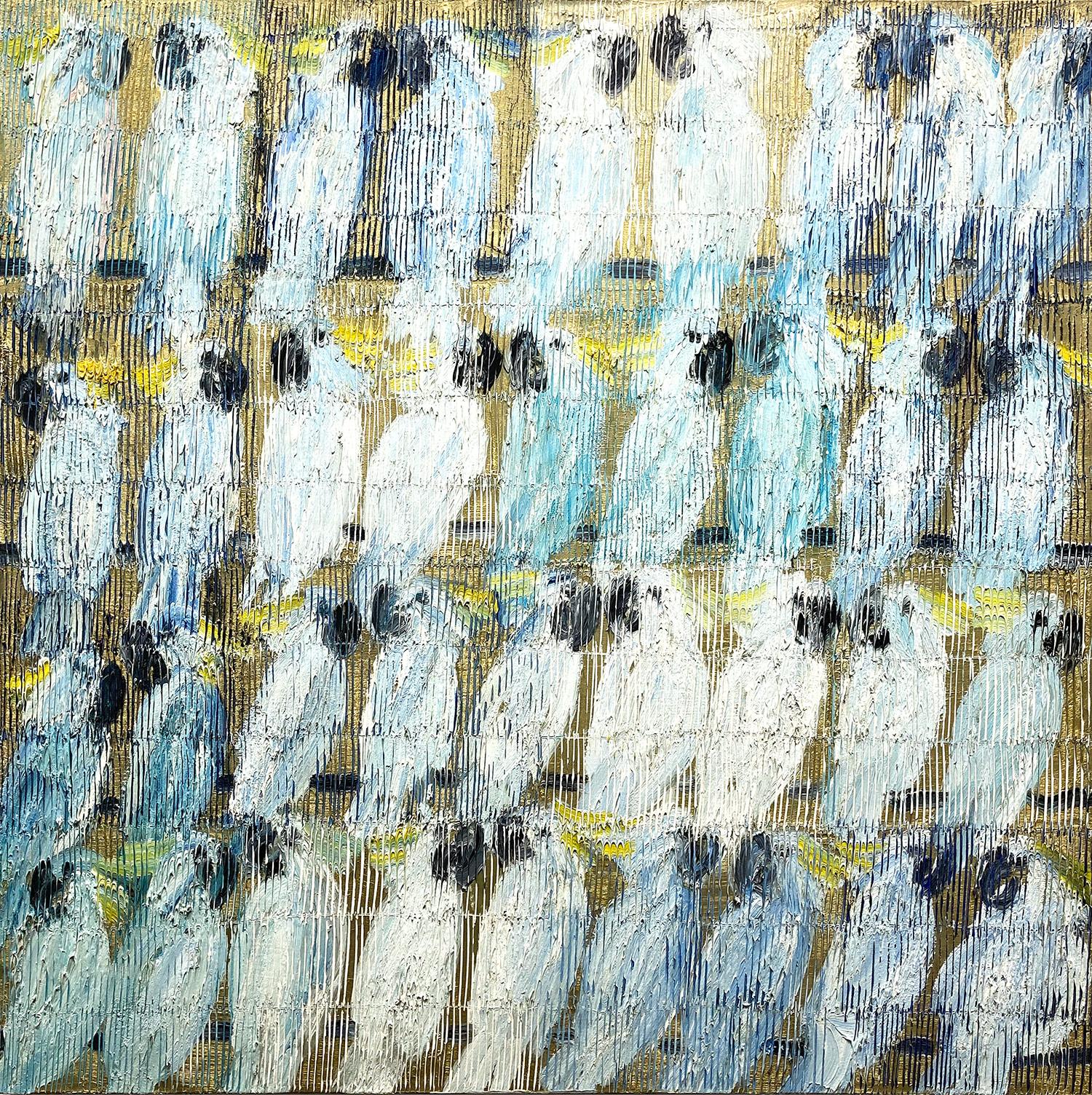 "Cockatoo Whispers" White and Blue Cockatoos with Gold Background on Canvas