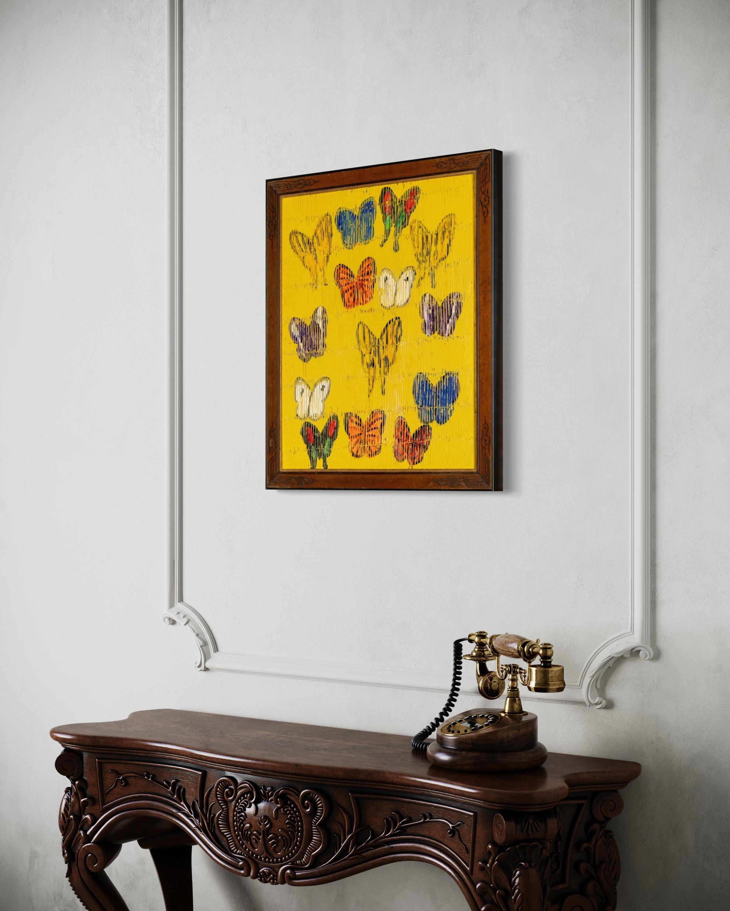 Colorful Butterflies (Yellow, Blue, Orange) Oil Painting in Ornate Vintage Frame For Sale 1