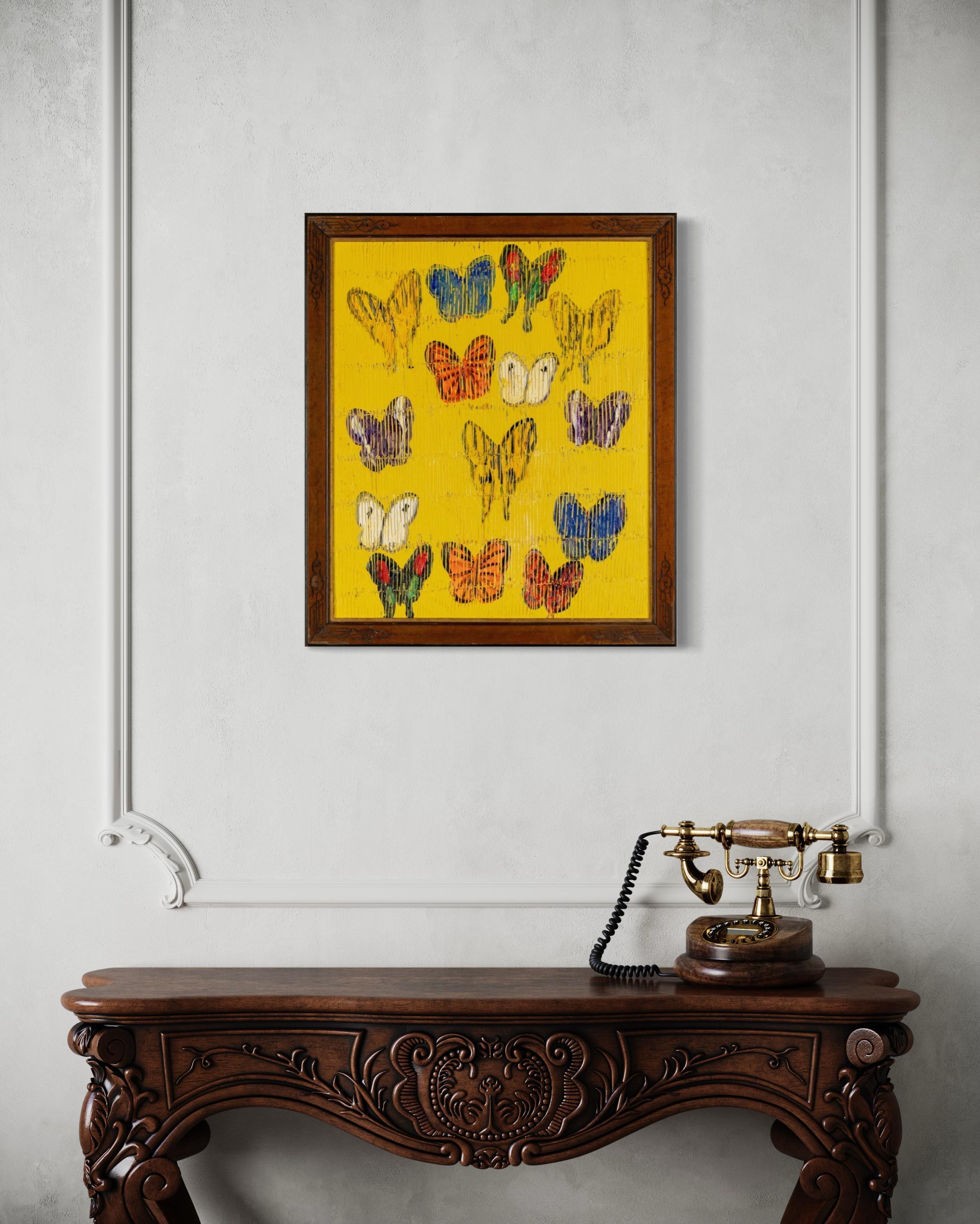 Colorful Butterflies (Yellow, Blue, Orange) Oil Painting in Ornate Vintage Frame For Sale 2
