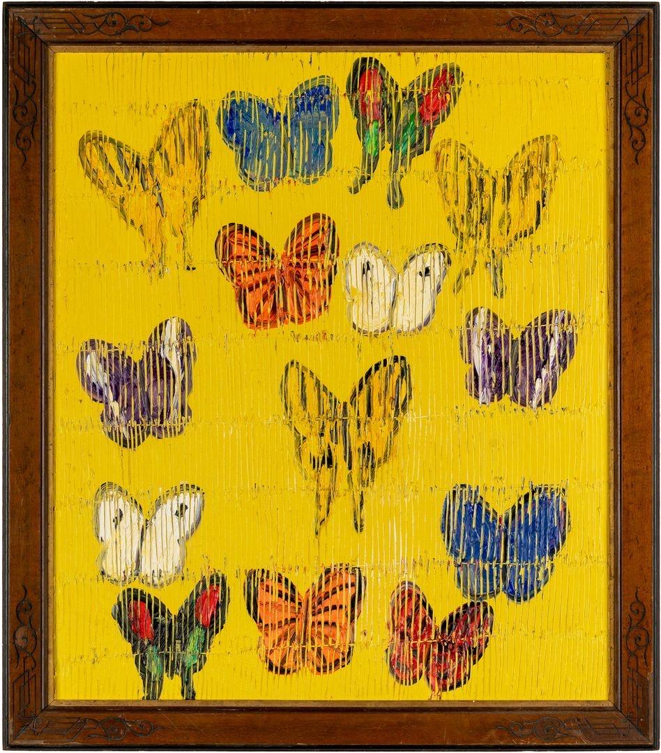 Hunt Slonem Figurative Painting - Colorful Butterflies (Yellow, Blue, Orange) Oil Painting in Ornate Vintage Frame