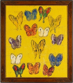 Peinture à l'huile colorée papillons jaunes, bleus, orange dans un cadre vintage orné