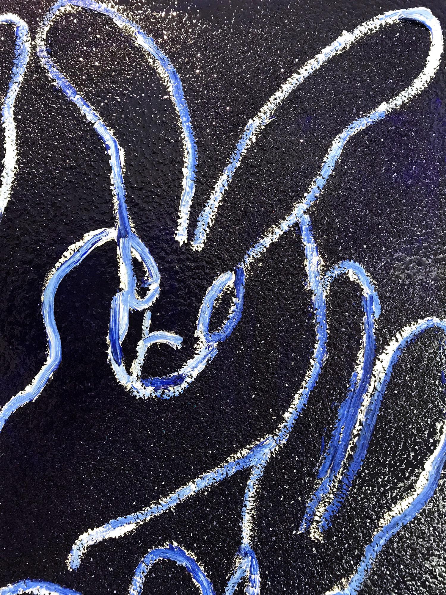 A stunning composition of one of Slonem's most iconic subjects, Bunnies. This piece depicts gestural figures of Bunnies against ultramarine blue diamond dust. Slonem traces these 20 bunnies with thick white paint and then encases the piece in