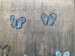 "Constelación" Mariposas blancas y azules con fondo plateado Lienzo al óleo
