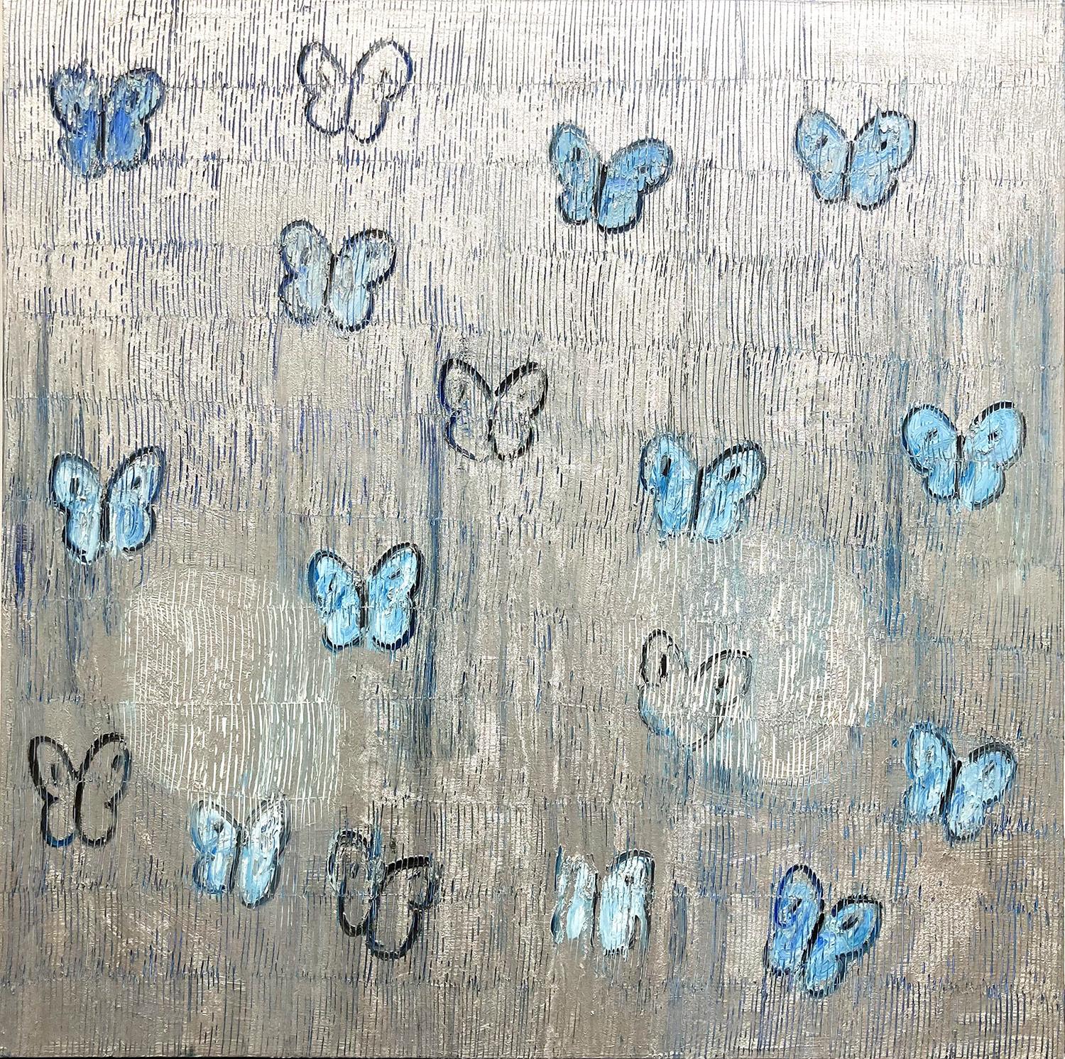 "Costellazione" Farfalle bianche e blu con sfondo argentato Pittura a olio su tela