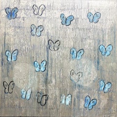 "Constellation" White & Blue Butterflies w Silver Background Oil Painting Canvas
