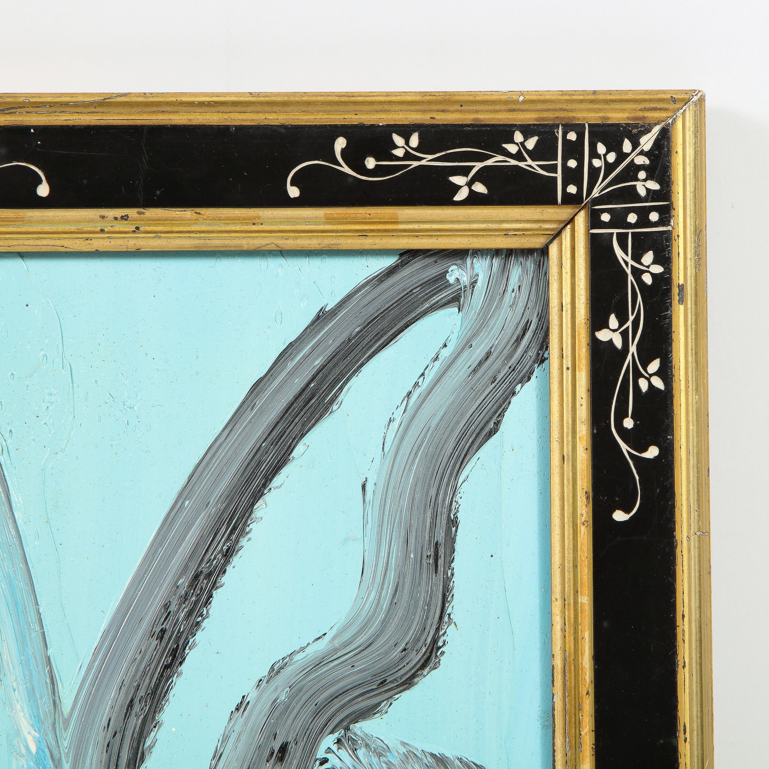 This whimsical and sophisticated painting was realized by the esteemed contemporary painter, Hunt Slonem in 2015. It presents a stylized bunny rabbit, rendered with loose and expressive brush strokes in black paint against a vibrant sky blue