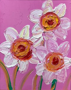 "Narcisos" Flores de colores sobre fondo rosa intenso Pintura al óleo Enmarcada