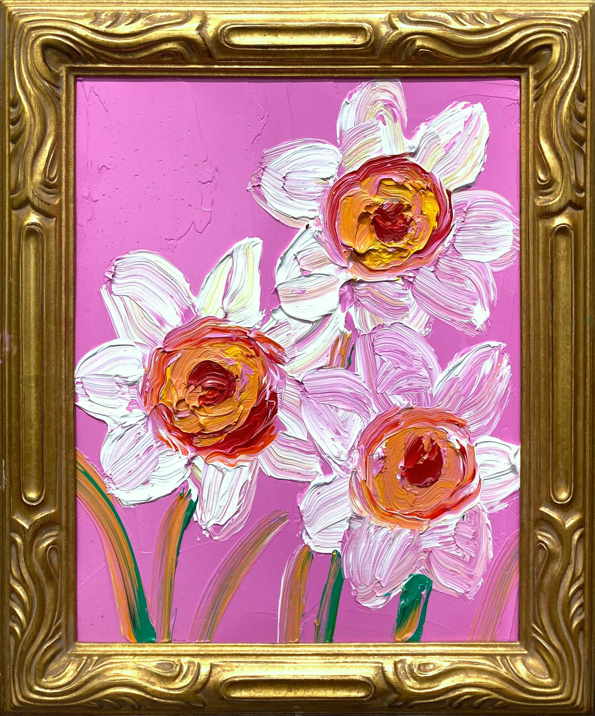 Peinture à l'huile encadrée "Jonquilles" Fleurs colorées sur fond rose intense