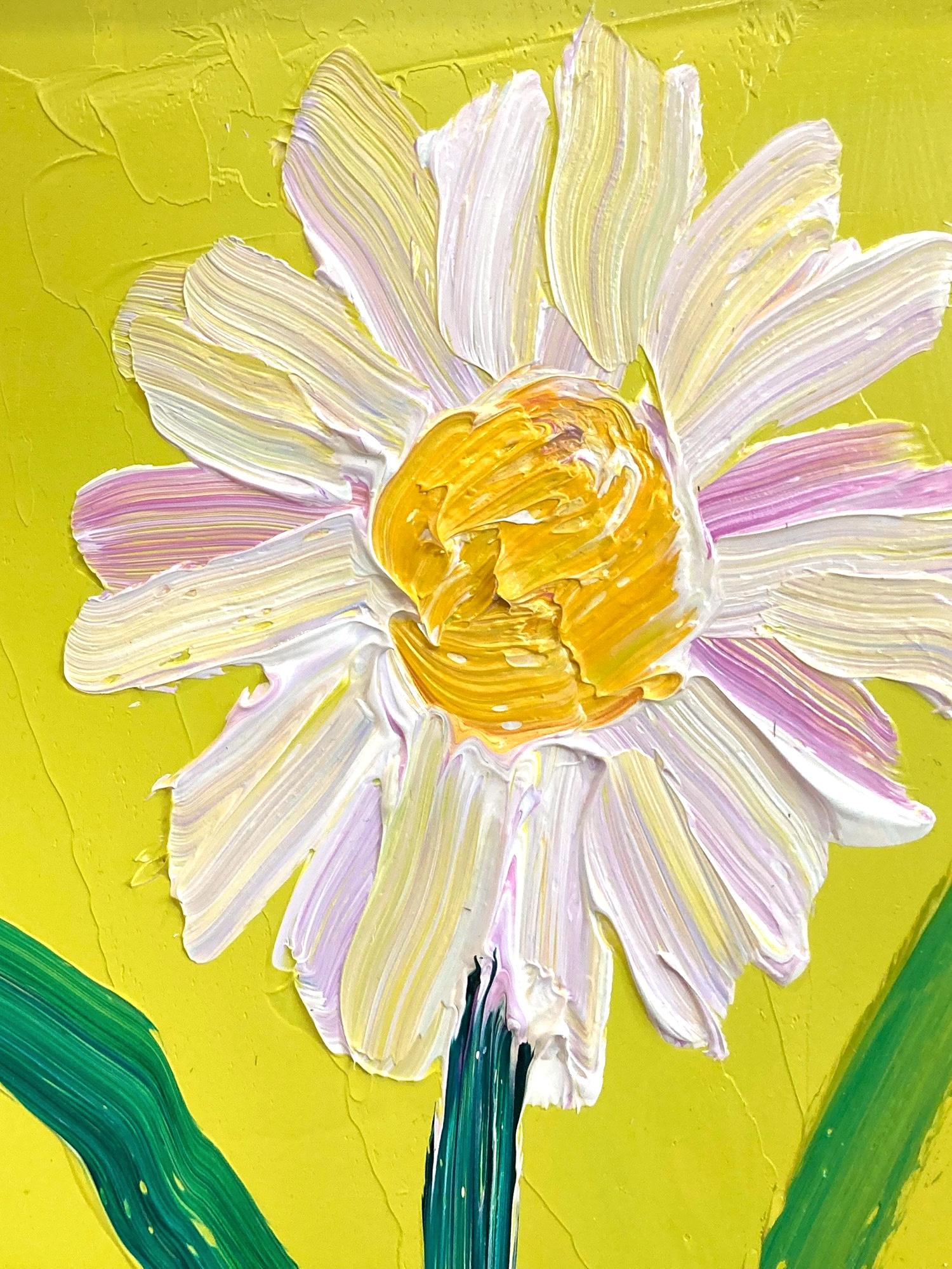A wonderful composition of one of Slonem's newest series, Daisy's. This piece depicts a gestural Daisy on a lime green background with thick use of paint. Inspired by nature and a genuine love for animals, Slonem's paintings encompass unique