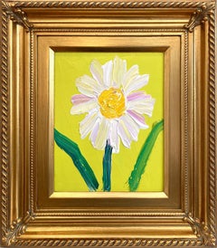 "Daisy" White with Yellow Flowers on a Lime Green Background Oil Painting Framed
