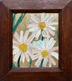 "Daisy's" 3 fiori bianchi e gialli su sfondo dorato Pittura a olio con cornice