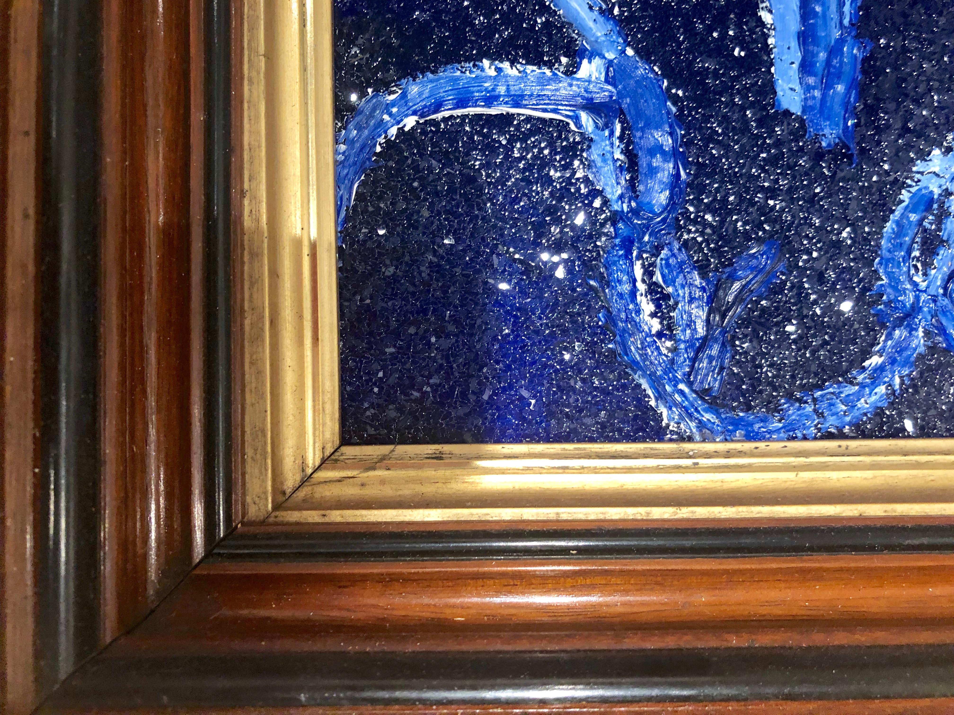 Diamond Dust Bunny Cobalt Blue, Antique Wood Frame - Neo-Expressionist Painting by Hunt Slonem