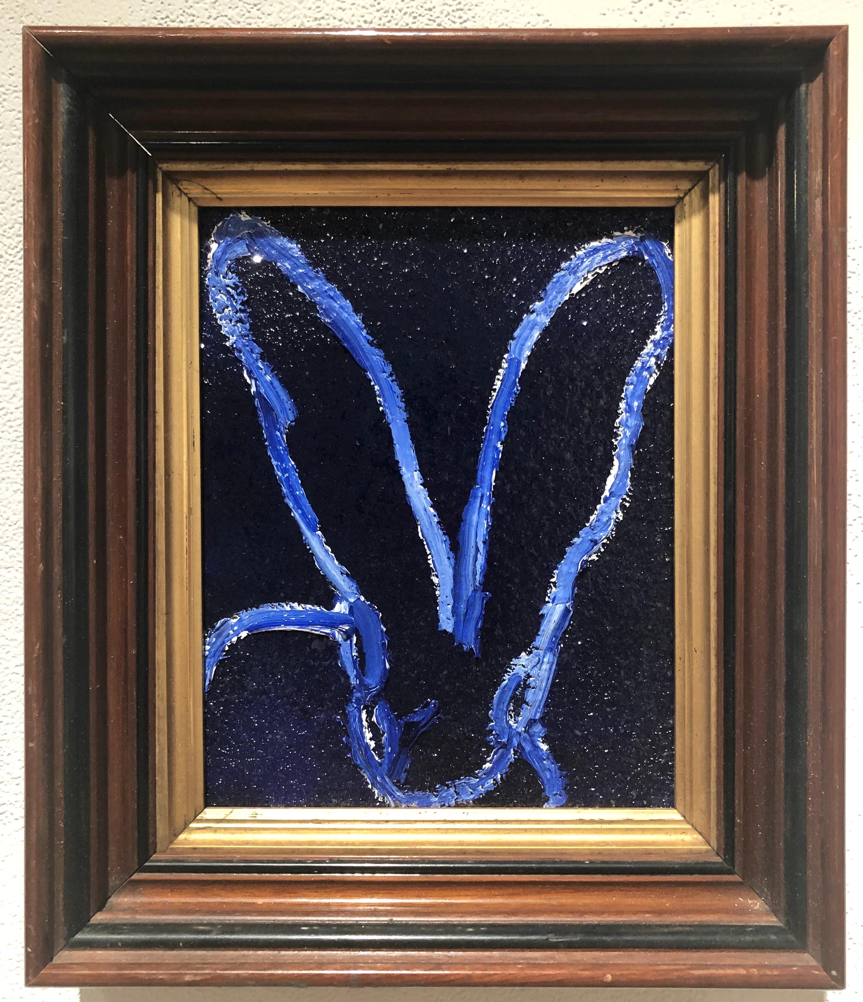 Hunt Slonem Animal Painting - Diamond Dust Bunny Cobalt Blue, Antique Wood Frame