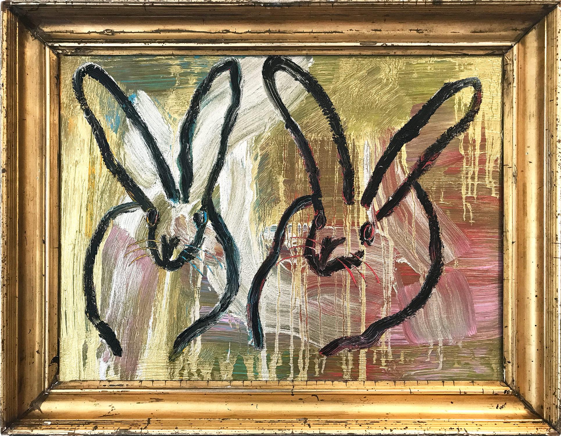 Hunt Slonem Animal Painting - "Double Bunny" (Black Bunny on Gold Background with Multi Colored accents)