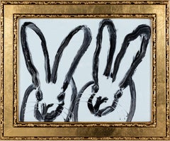 Double Bunny "Bunny Painting" Original Oil Painting in Gold Vintage Frame