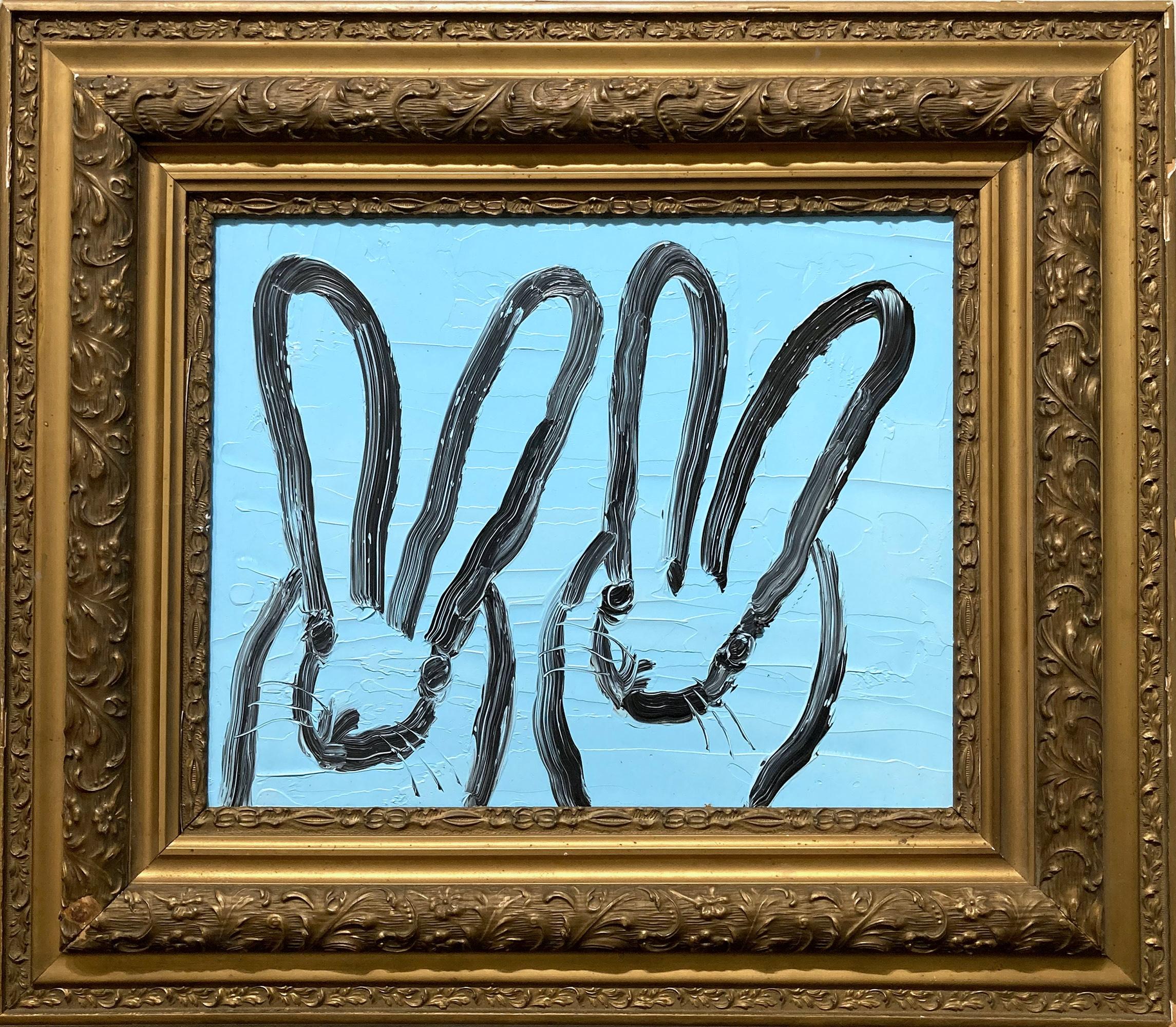 Animal Painting di Hunt Slonem - "Double Bunny" Doppio coniglietto in azzurro dipinto a olio su legno con cornice