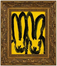 « Double Bunny Yellow », peinture à l'huile originale dans un cadre vintage