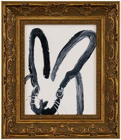 "Deriva" Conejito blanco y negro Óleo original en marco vintage