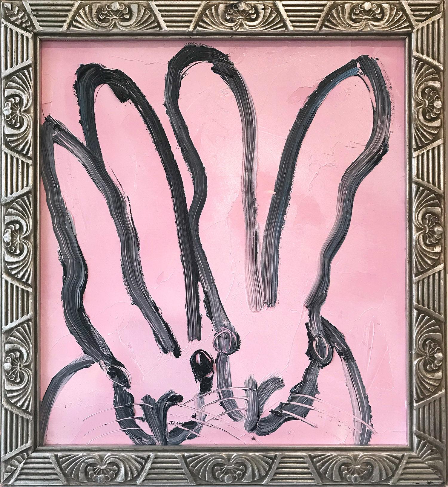 Hunt Slonem Animal Painting - "Duet" (2 Bunnies on Lavender Pink) Oil Painting on Wood Panel