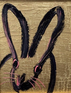 "Ear" Black & Pink Outlined Bunny on Gold Background Oil Painting on Wood Panel