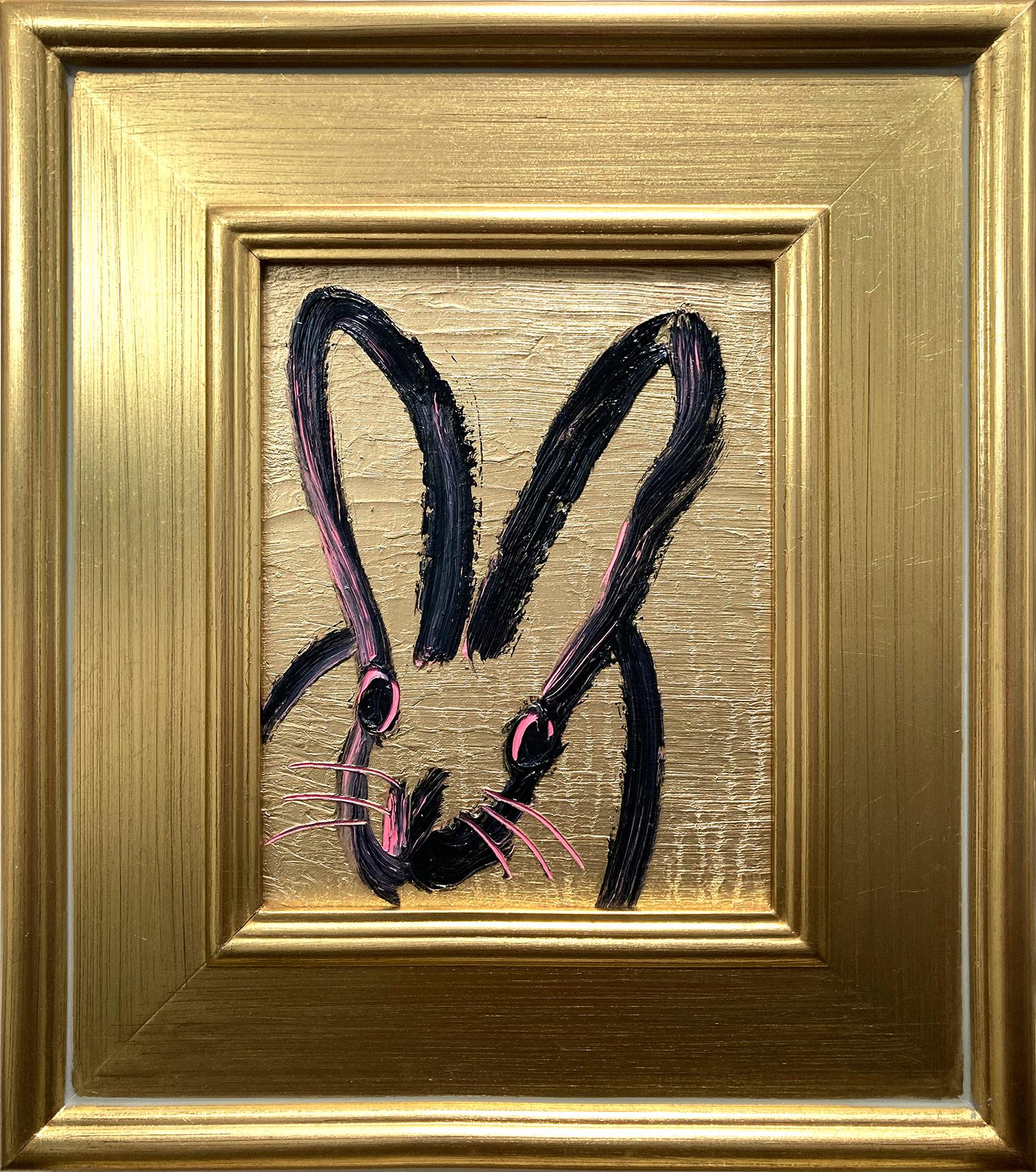 Hunt Slonem Abstract Painting - "Ear" Black & Pink Outlined Bunny on Gold Background Oil Painting on Wood Panel