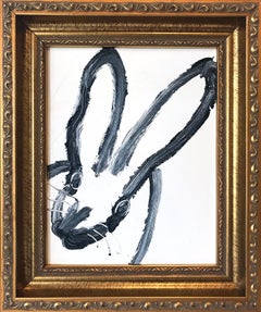"Ear Eye" (Black Outlined Bunny on White Background Oil Painting on Wood Panel)