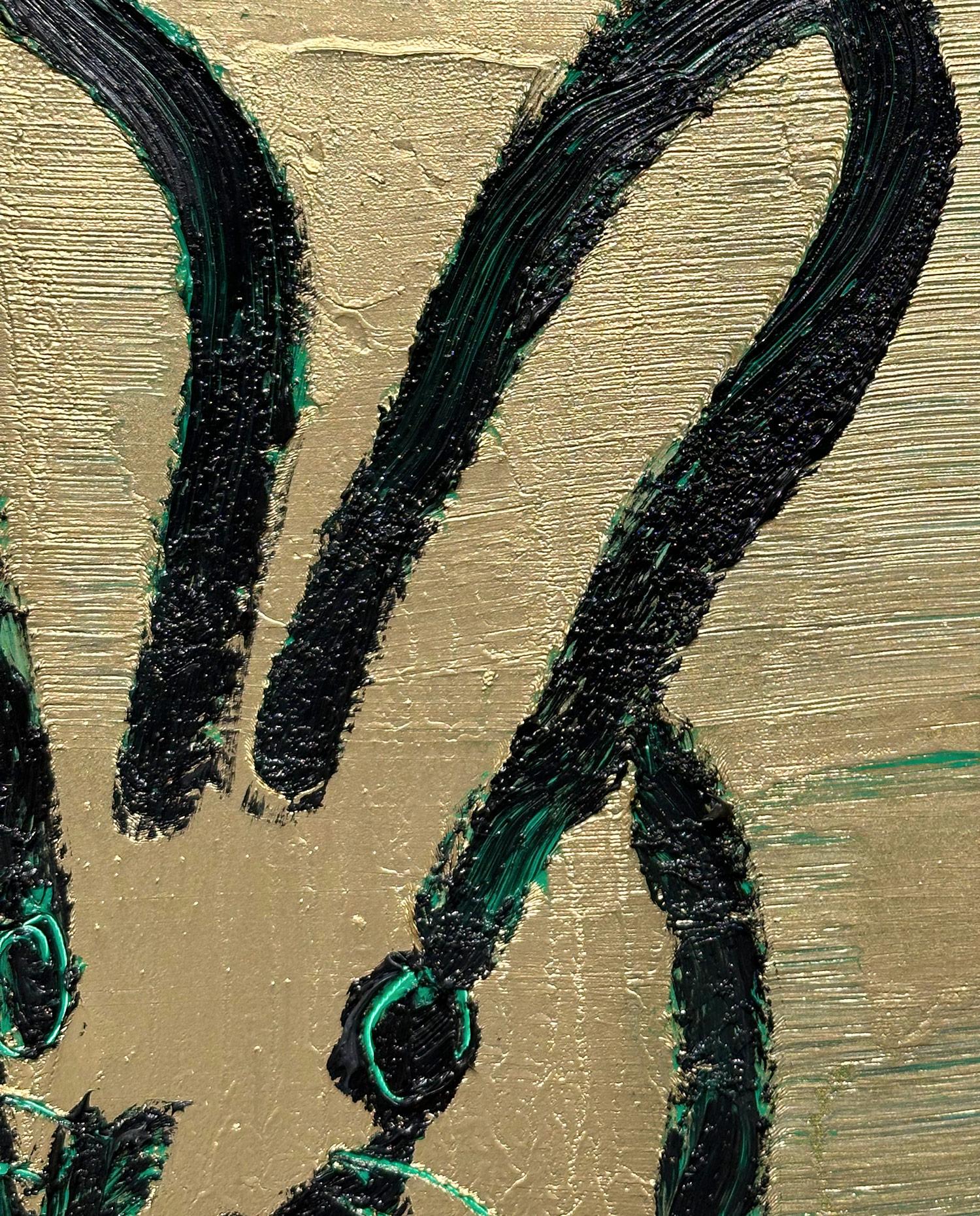 Eine wunderbare Komposition eines der ikonischsten Themen von Slonem, nämlich Hasen. Dieses Werk zeigt eine gestische Figur eines schwarzen Hasen mit lindgrünen Akzenten und einem goldenen Hintergrund, auf dem reichlich bunte Farbe verwendet wurde.