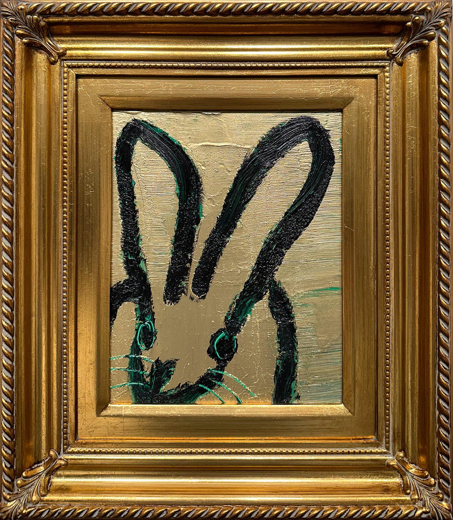 Hunt Slonem Abstract Painting - "Edgar" Black Bunny on Golden Background with Lime Green Accents & Scoring 