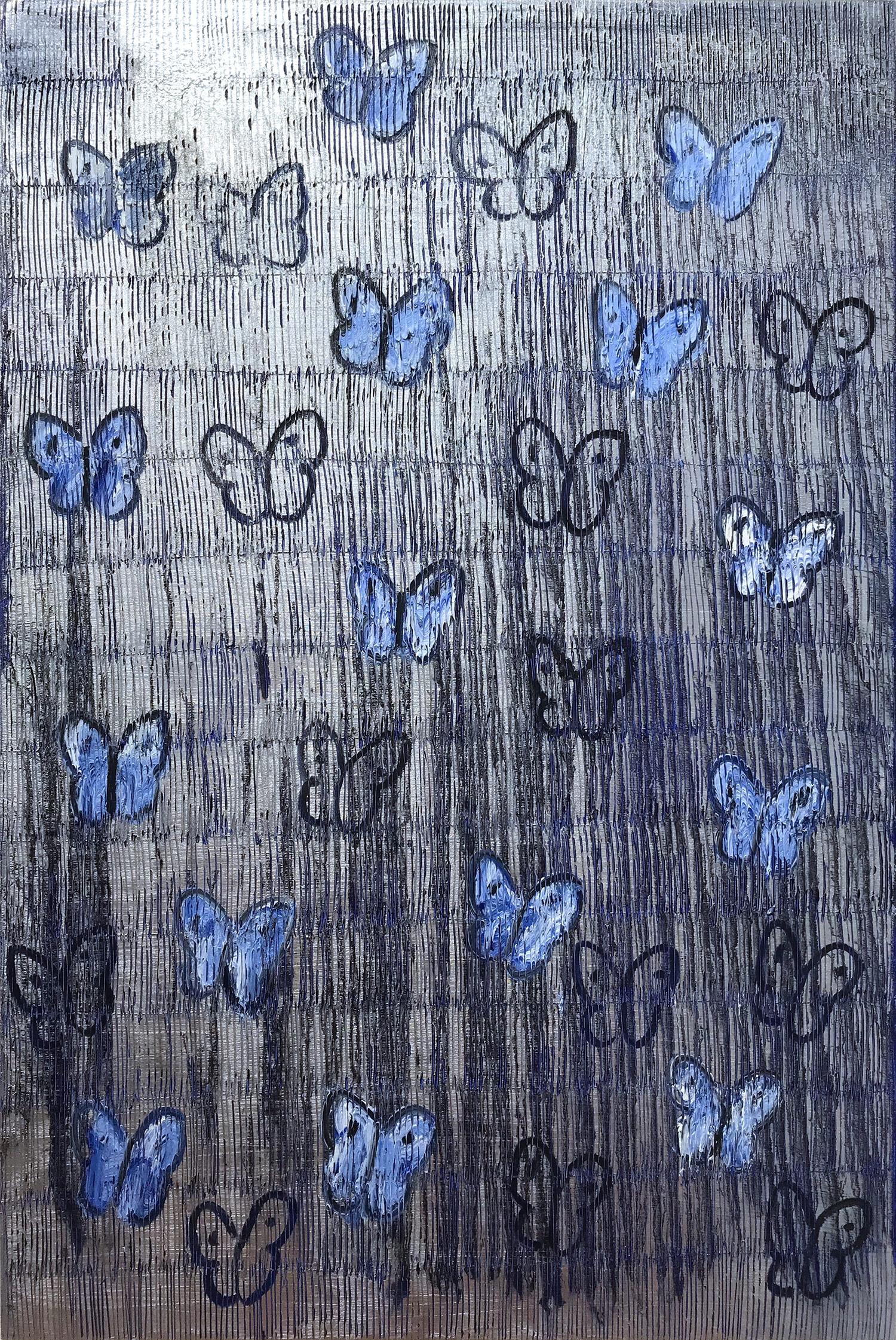 Hunt Slonem Animal Painting - "Fatal Attraction" White and Blue Butterflies with Silver Background on Canvas