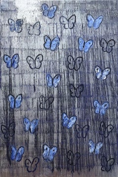 "Fatal Attraction" White and Blue Butterflies with Silver Background on Canvas