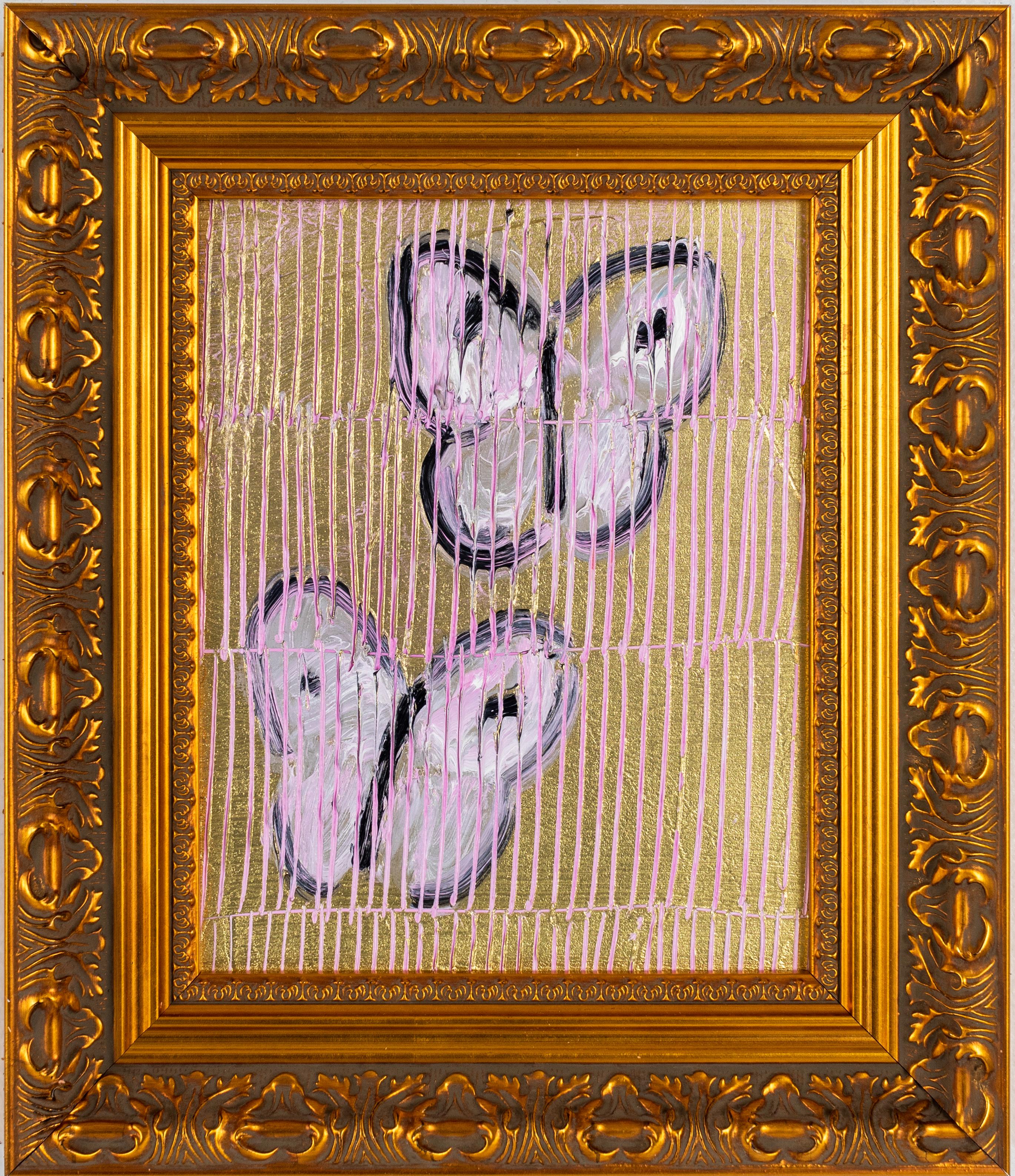 Pink and gold butterfly painting by Hunt Slonem  in vintage frame. 
Painting: 10 x 8 inches
Framed: 14.5 x 12.5  inches

New York painter, Hunt Slonem is best known for his Neo –Expressionist paintings of bunnies, tropical birds and other exotic