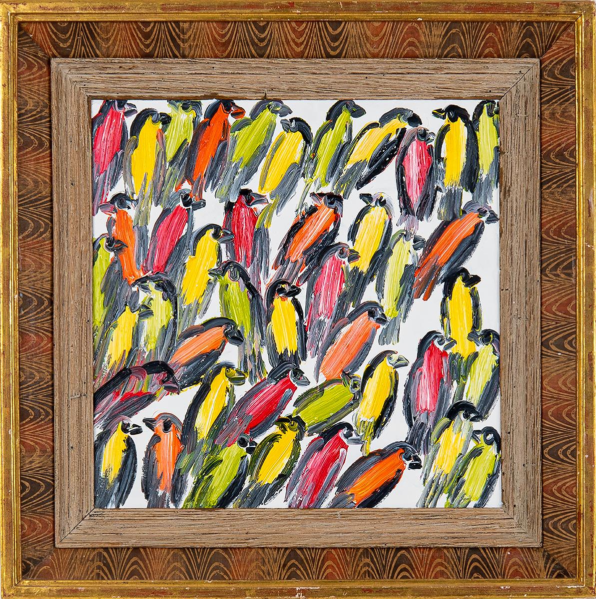 Hunt Slonem Animal Painting - Finches "Finch Painting" Colorful and Fun Framed Oil Painting Yellow, Orange Red