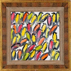 Finches "Finch Painting" Colorful and Fun Framed Oil Painting Yellow, Orange Red