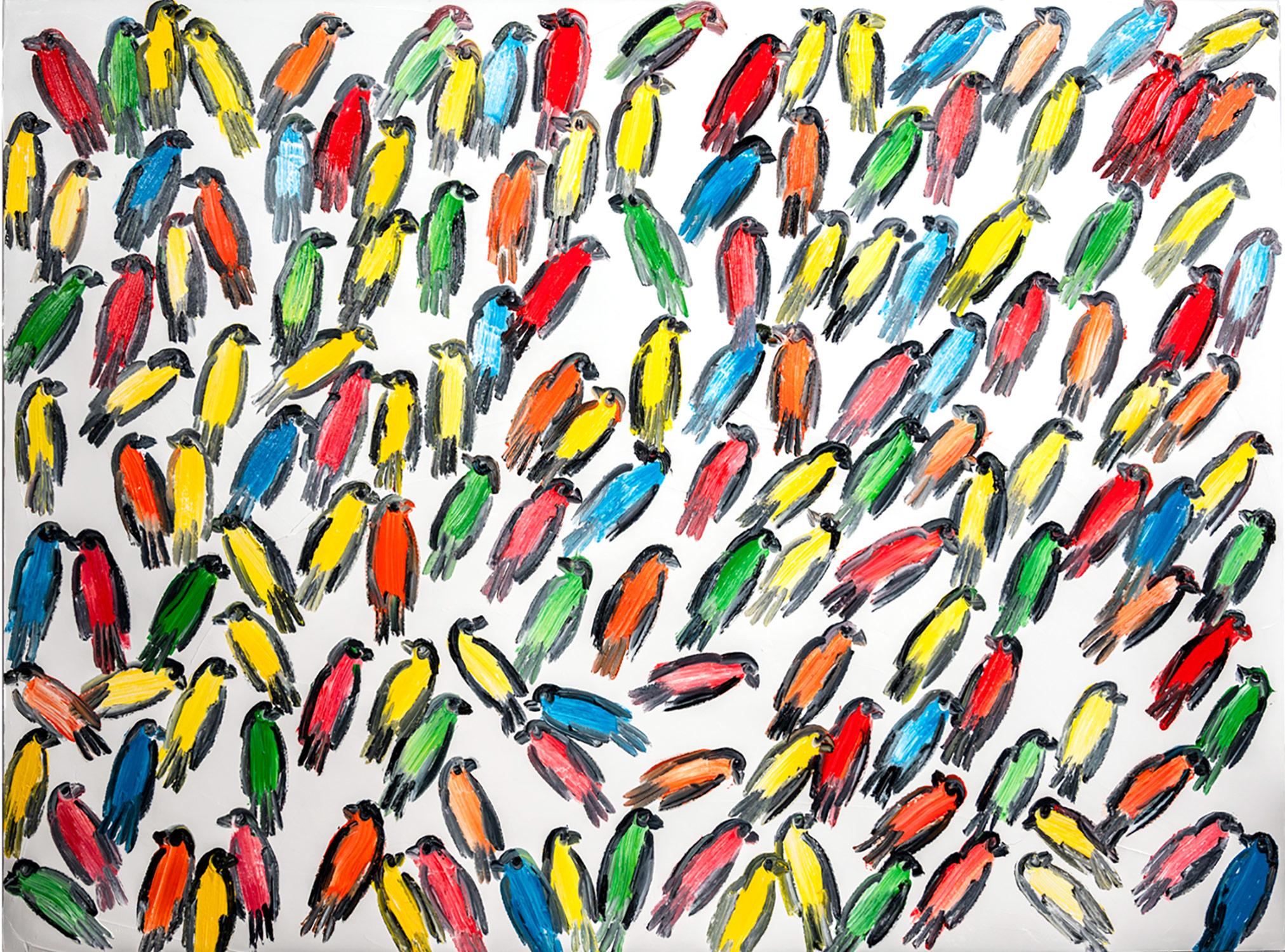 Hunt Slonem Abstract Painting - "Finches June" Multicolored Birds with White Background Oil Painting on Canvas