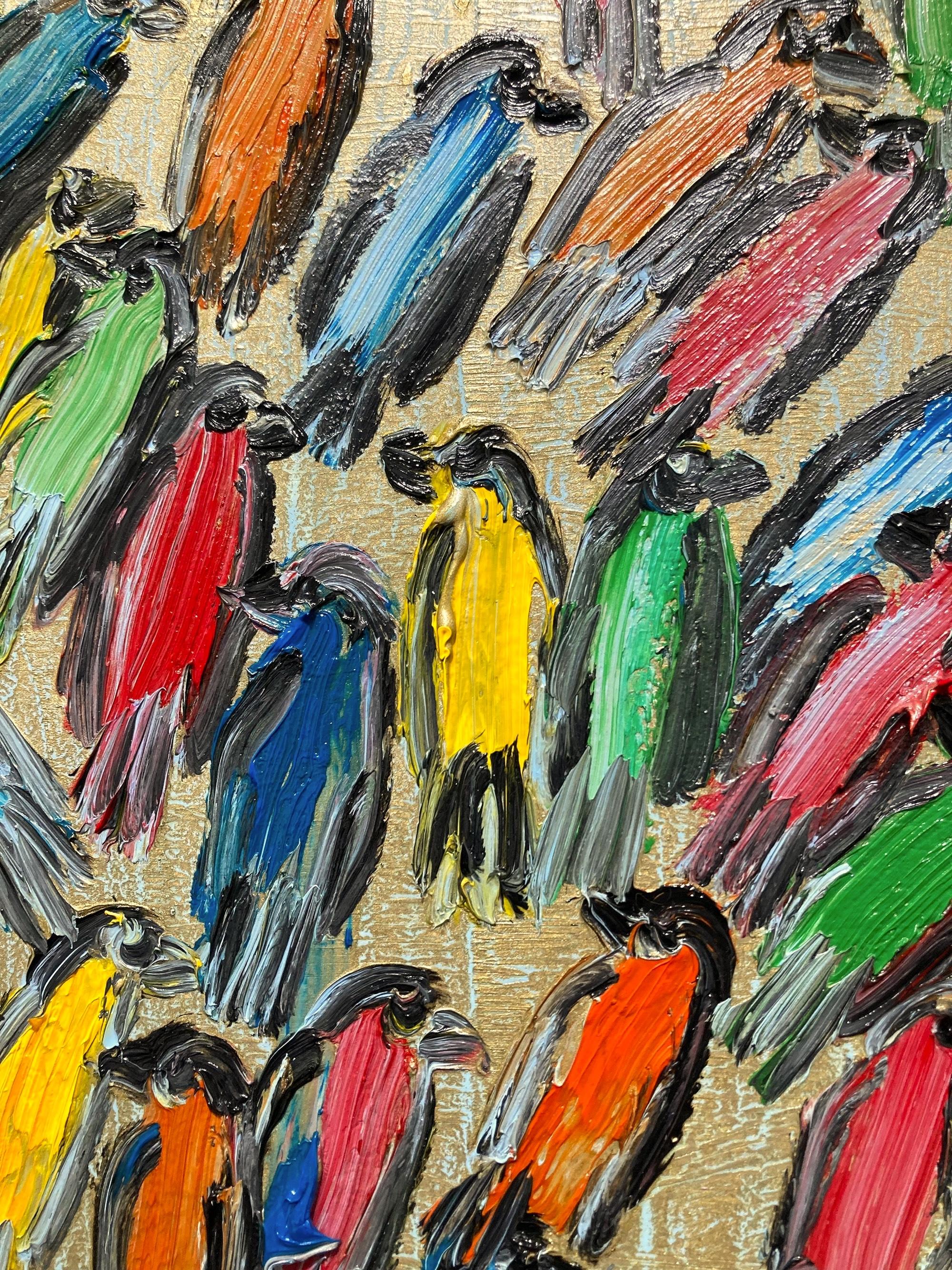A wonderful composition of one of Slonem's most iconic subjects of birds. The thick use of paint is greatly recognizable as he slathers on layer after layer of oil paint with multicolored hues on a rich gold background. He then draws in these